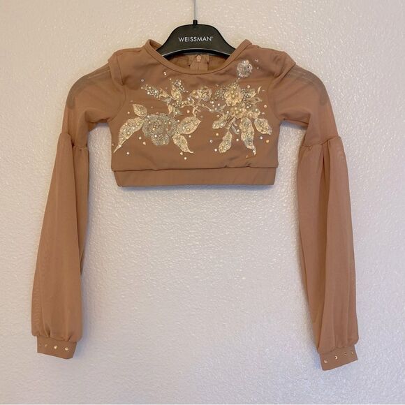 WEISSMAN custom solo Dance Costume Long Sleeve mesh  Crop Top beige tan SC 6 - Picture 1 of 12